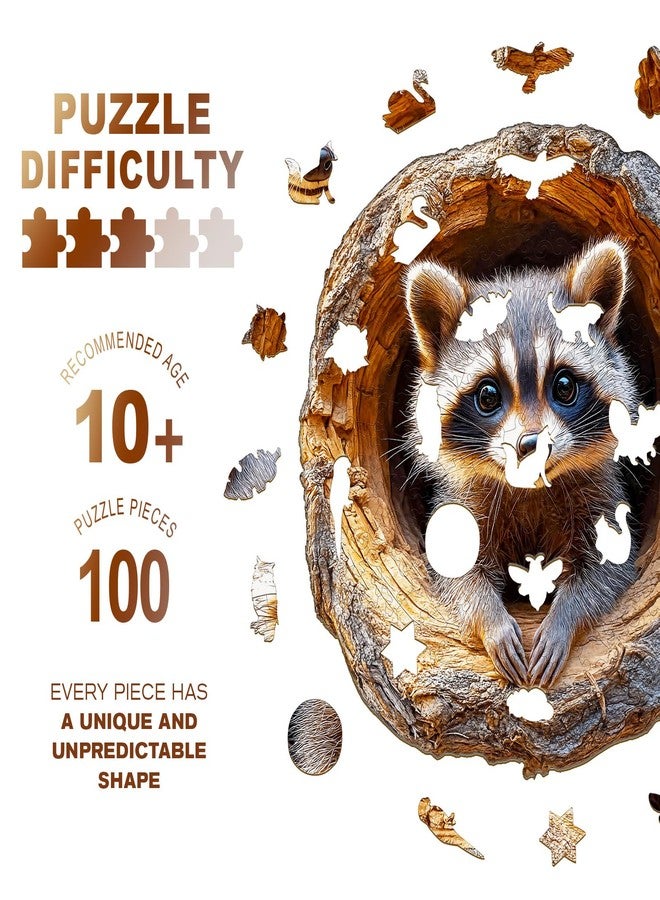 Purdicra Wooden Jigsaw Puzzles, Tree Hole Raccoon Wooden Puzzles for Adults with Unique Shape, Adult Jigsaw Puzzle, Birthday Gifts for Adults, 8.5"x8.2" - 100pcs - Image 2
